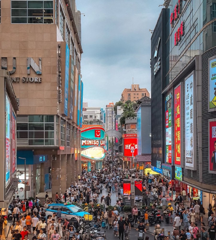 Dongmen pedestrian street, seen from above, packed with shoppers